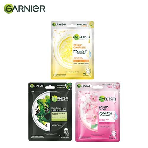 Garnier Sheet Mask Combo Pack of 3 - 1 Bright Complete + 1 Sakura White + 1 Charcoal